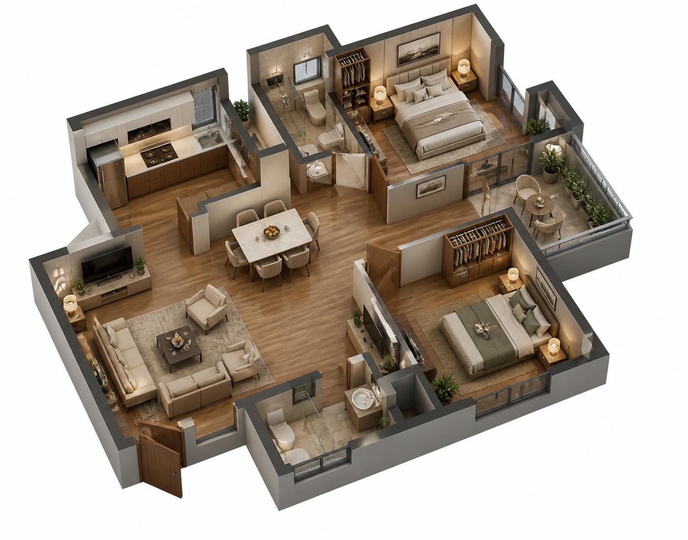 Premium 3D cutaway view of a 1101 sq.ft. 2 BHK apartment at Vacanza City showing living room, dining, kitchen, two bedrooms, bathrooms and balcony