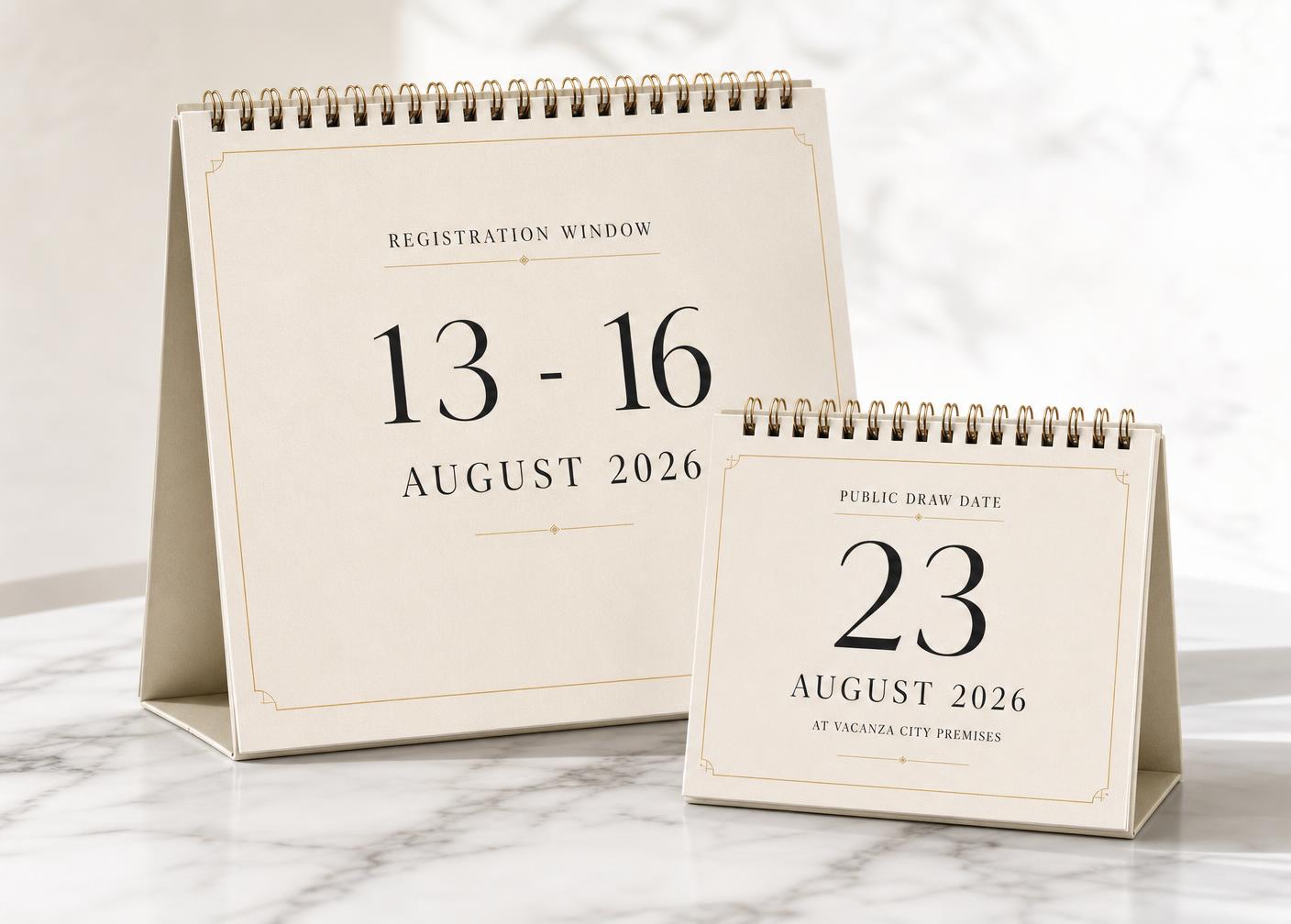Premium desk calendars showing the registration window 13–16 August 2026 and the public draw date 23 August 2026
