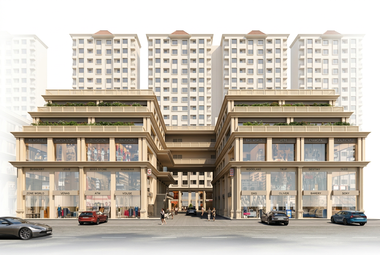 Vacanza City, Surat — architectural render of the residential towers with retail frontage