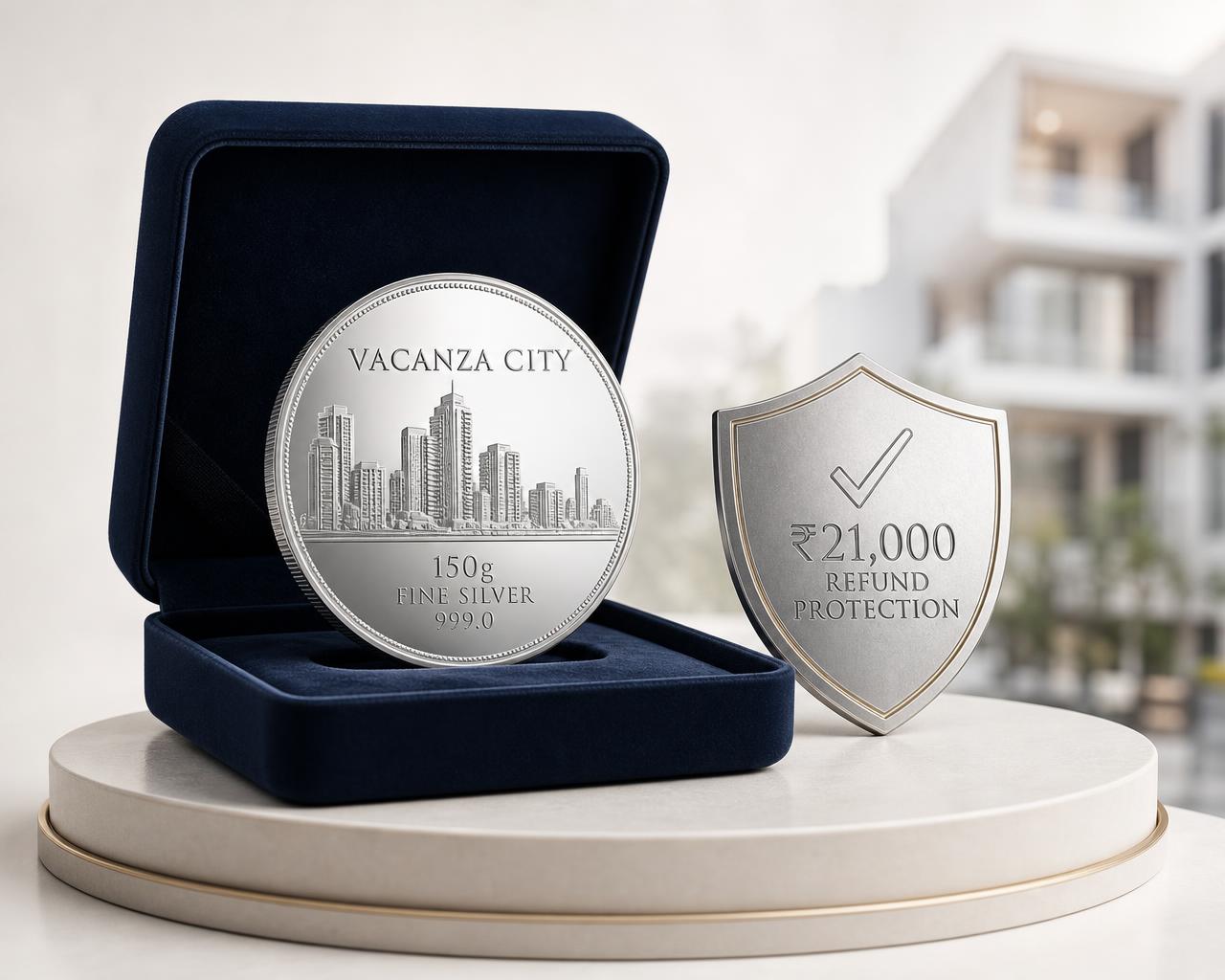 150g MMTC fine silver Vacanza City coin in a navy velvet presentation box beside a metallic ₹21,000 refund protection shield