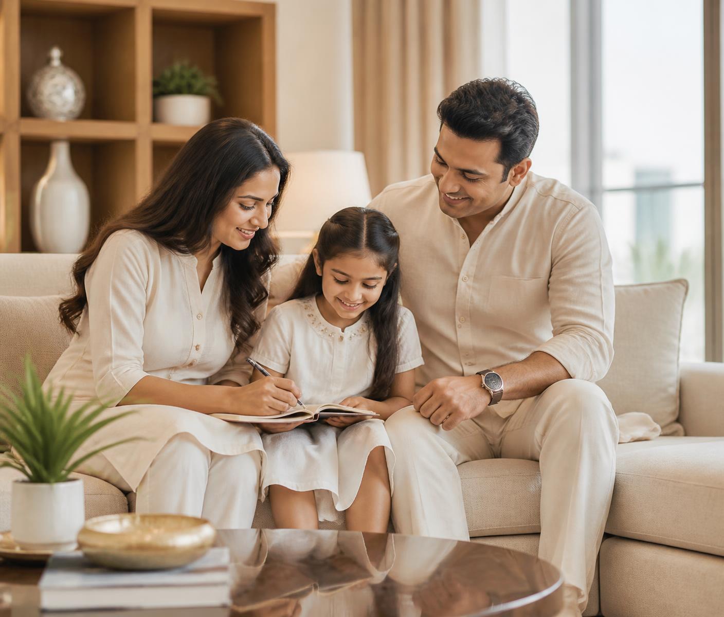 Indian family with their young daughter writing in a notebook inside a premium Vacanza City home