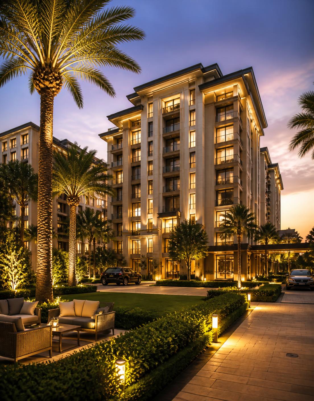 Vacanza City residential towers at dusk with landscaped entrance, palm trees, walkways and warm architectural lighting