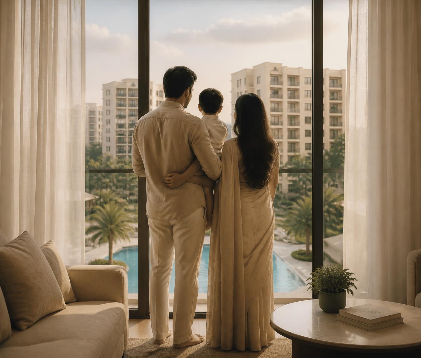 An Indian family standing at the balcony of a Vacanza City apartment, looking out over the landscaped residential community in Surat