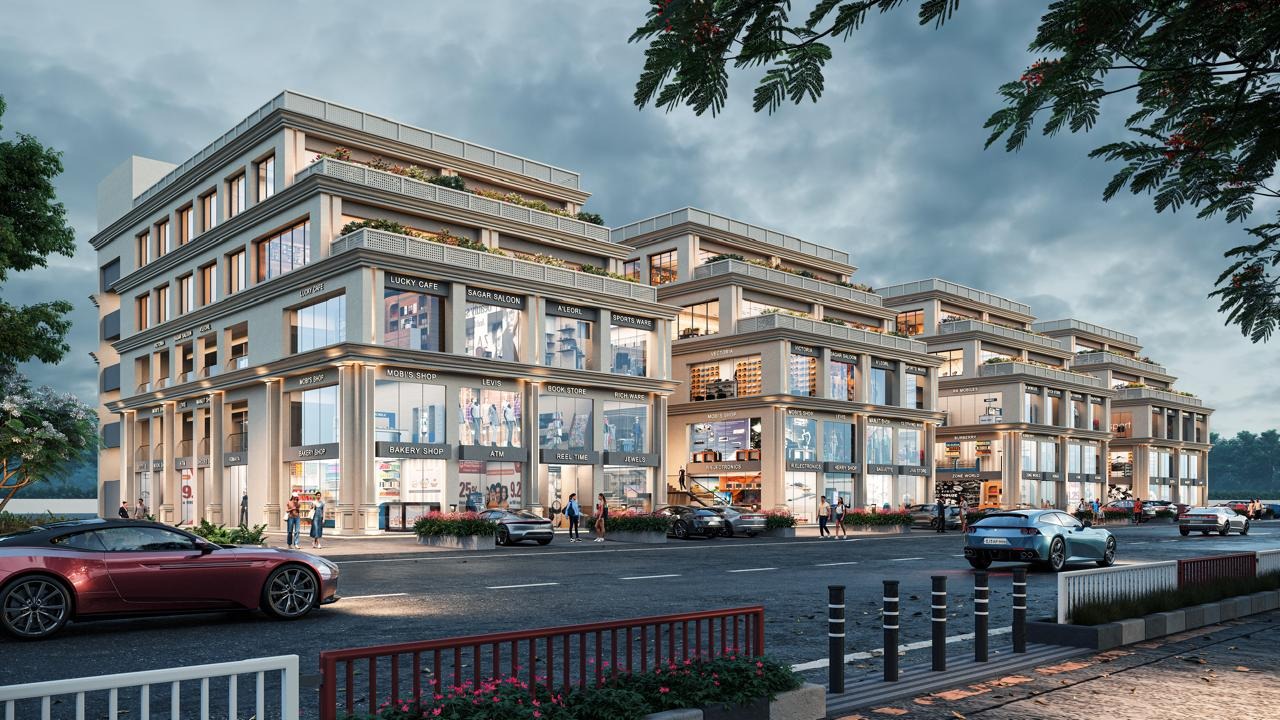 Vacanza City, Surat — architectural render of the residential towers, retail frontage and landscaped entrance